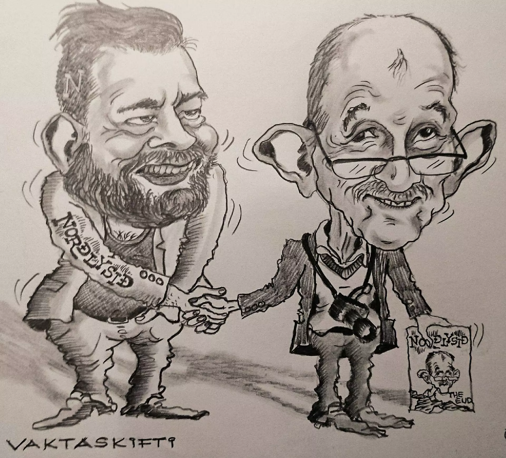 Tekning av nýggja stjóranum og fráfarandi stjóranum, sum Jens Klæmint Jacobsen gjørdi