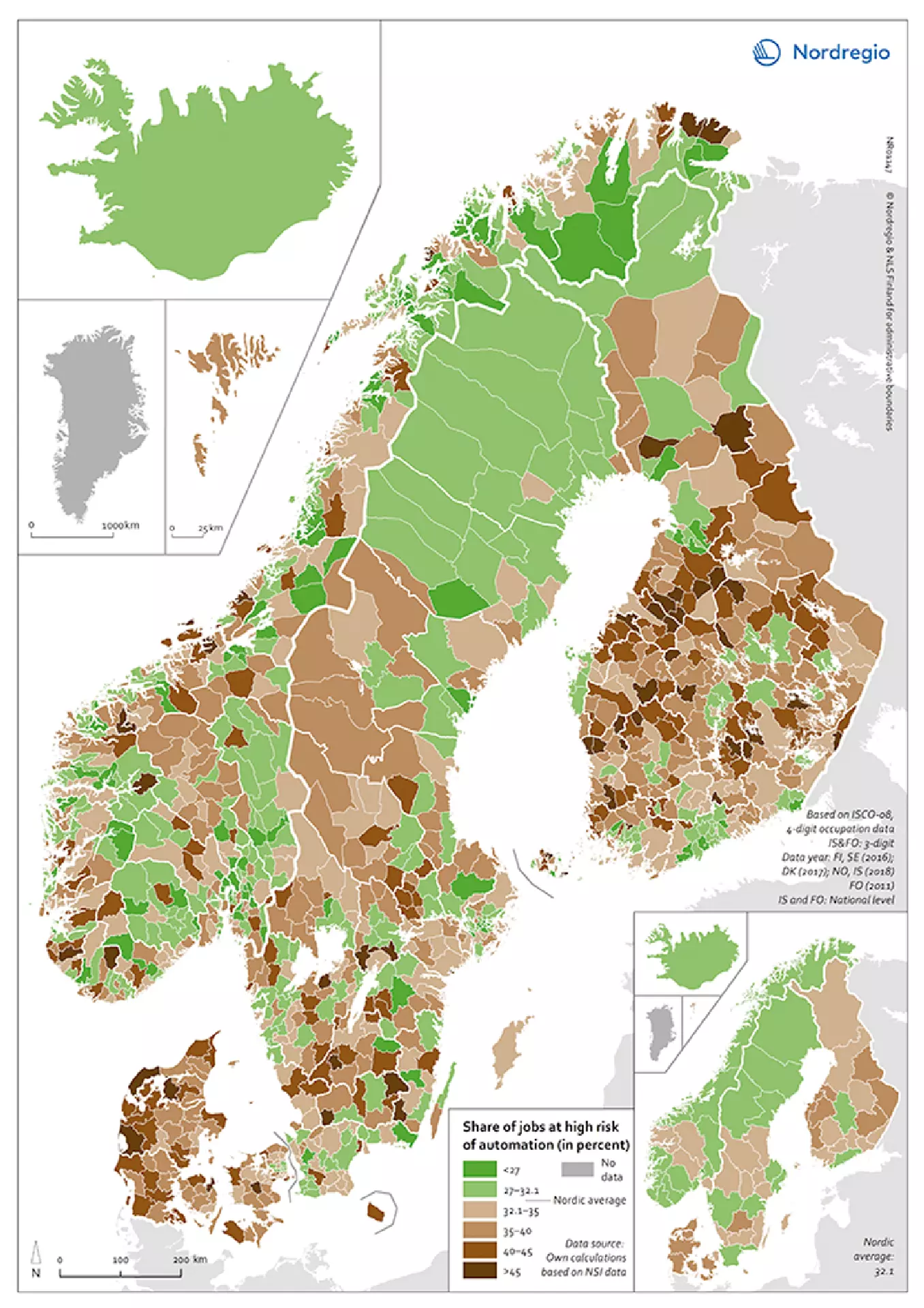 Kortið frá Nordregio vísir ymsu økini í Norðanlondum, har litirnir vísa størv í váða fyri at blíva skift út við tólmenni. Kelda: Nordregio.org