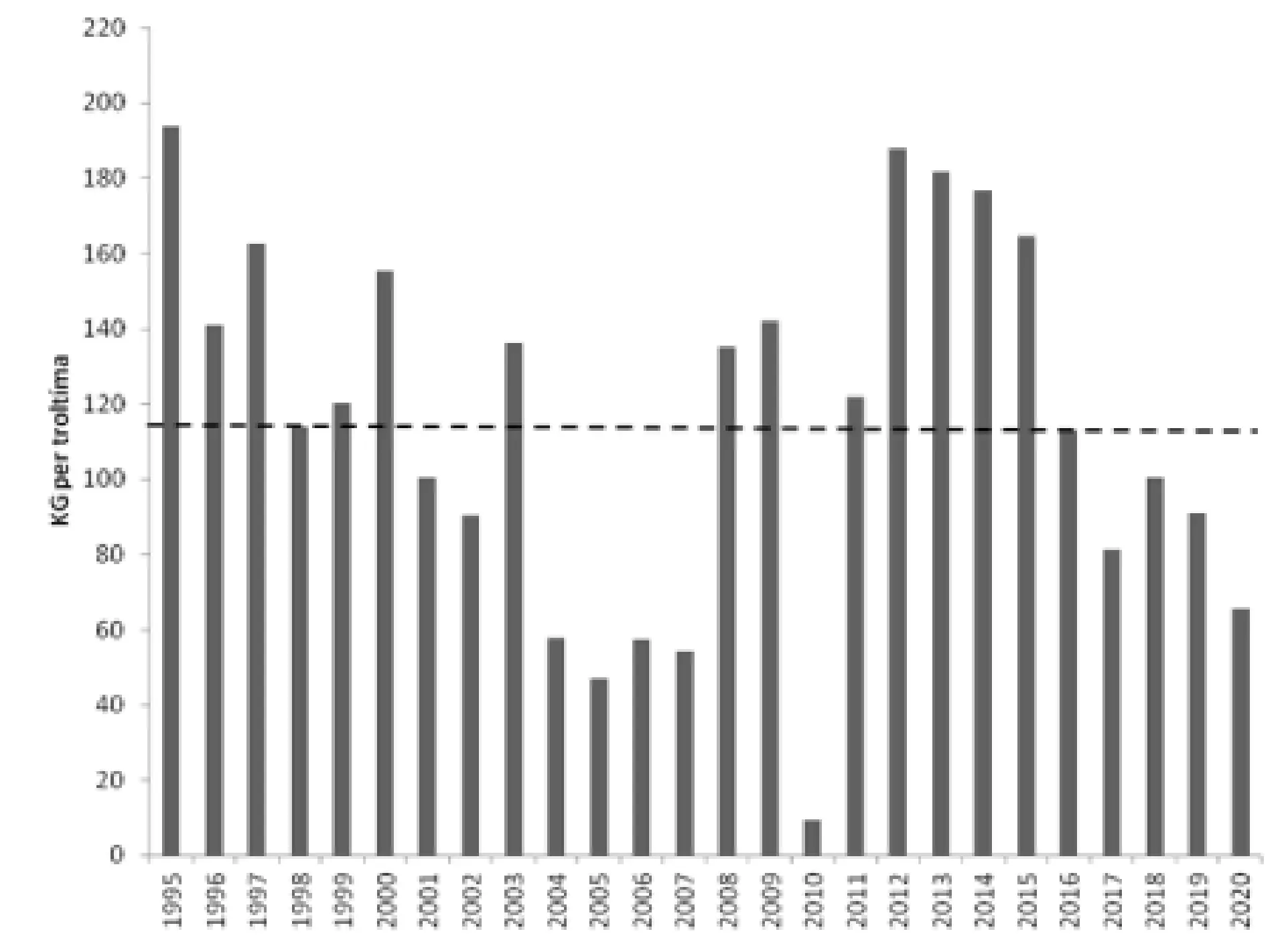 Veiðan uppá roynd eftir svartkalva árini 1995-2020. Miðalveiðan hesi árini hevur verið 117 kg um tíman. Stiplaða svarta linjan vísir miðalveiðuna hesi árini. Í ár var veiðan 65 kg/t og er hetta umleið helvtina minni enn miðalveiðan.