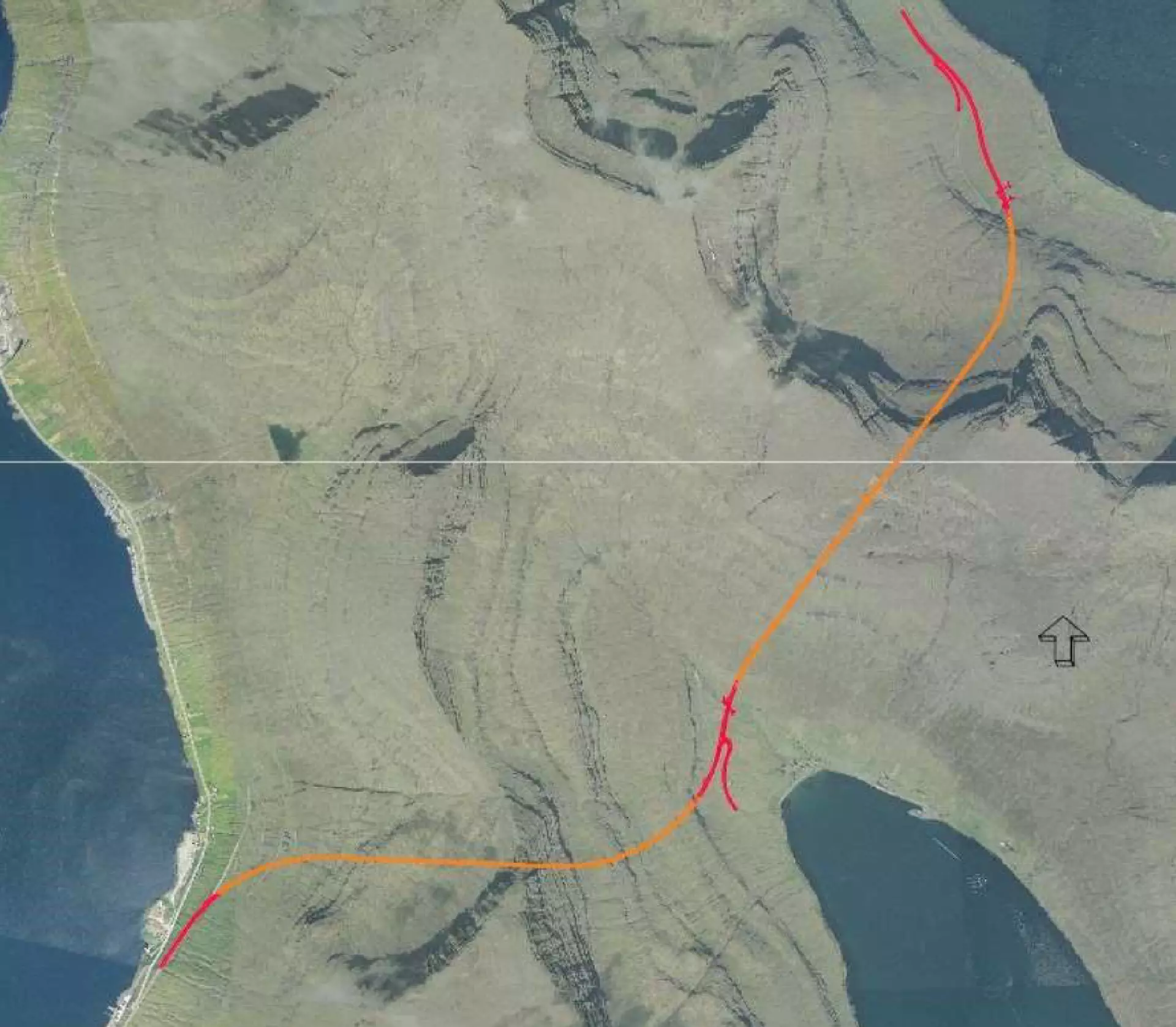 Linjuføring fyri tunlarnar norður um Fjall, við tilhoyrandi vegagerð. Gulu linjurnar eru tunlarnir, og reyðu linjurnar er vegagerðin