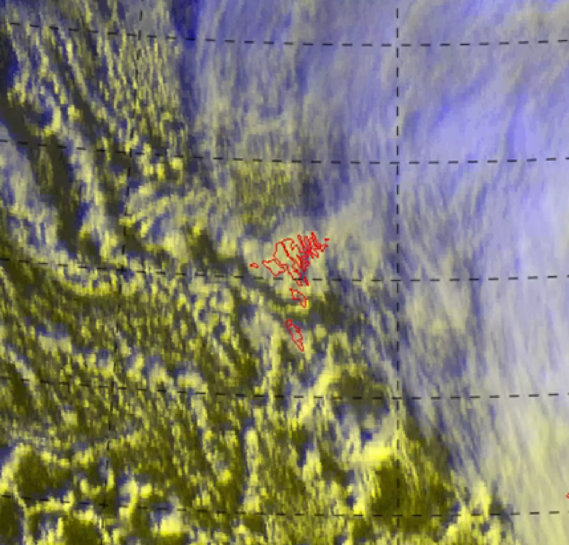 Mynd úr fylgissveini av Føroyum kl. 09.45. Tað plettuta skýøki yvir Føroyum og vestanfyri vísir tað óstøðuga luftrákið av útnyrðingi. Tað hvíta øki eystanfyri eru tey tøttu skýggini við avfalli, sum fylgir Otto á leið eystureftir.