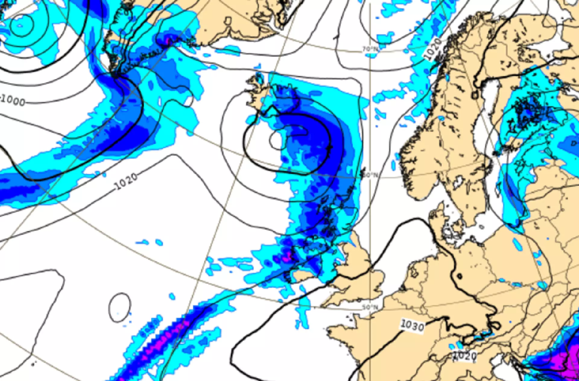 Lágtrýstið og brúgvaløgini við Føroyar mánadagin seinnapartin og mánakvøldið, 3. apríl. Skipanin fer víðari eystureftir týsnáttina. Kelda: ECMWF 29032023 00z, regn og lufttrýst við havflatan.