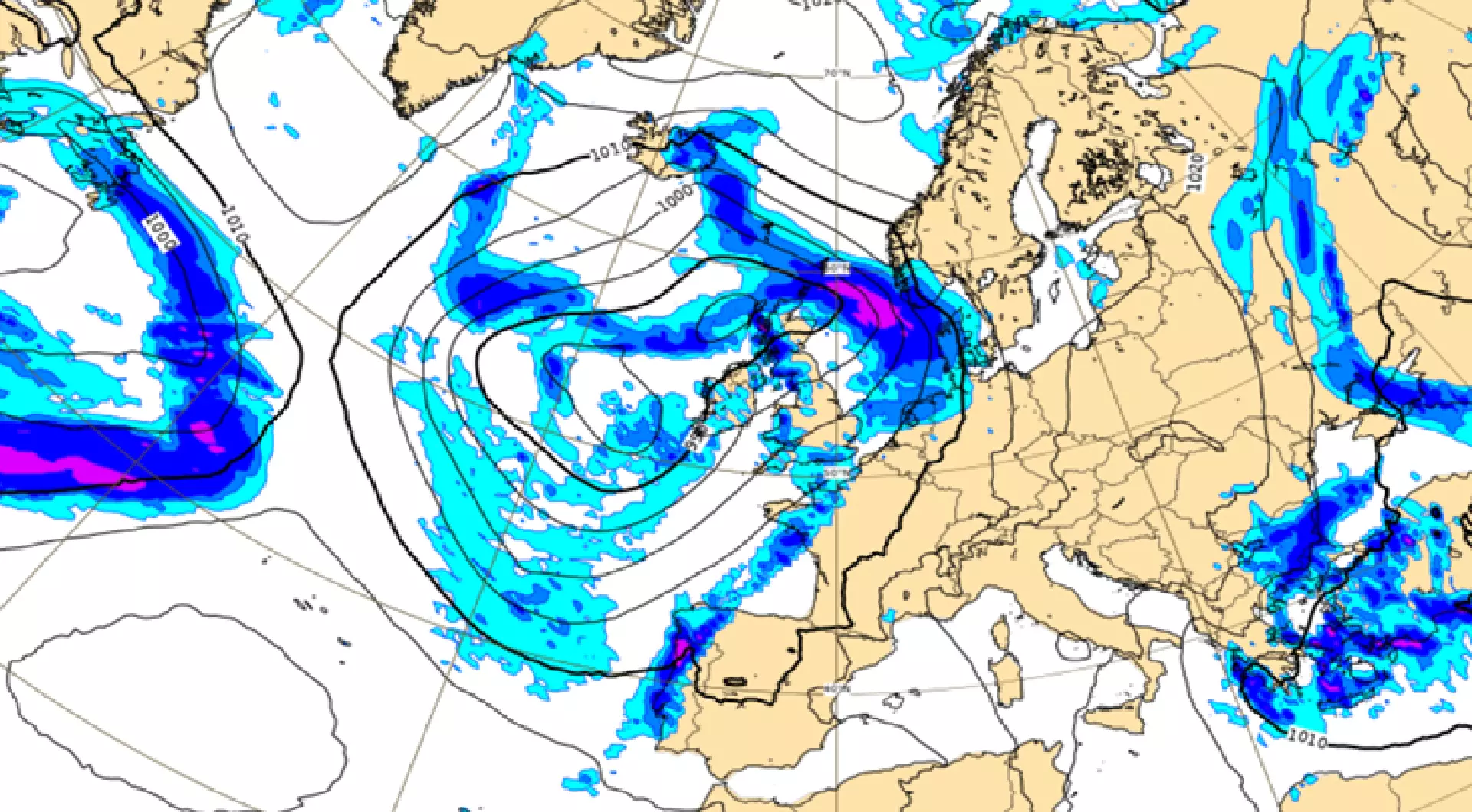 ECMWF týsdagin, 18. apríl kl 12 UTC. Hátrýstið gongur enn vestureftir frá sunnara parti av Skandinavia, meðan brúgvaløgini við regni (tað bláa á tekningini) yvir Føroyar vikna.