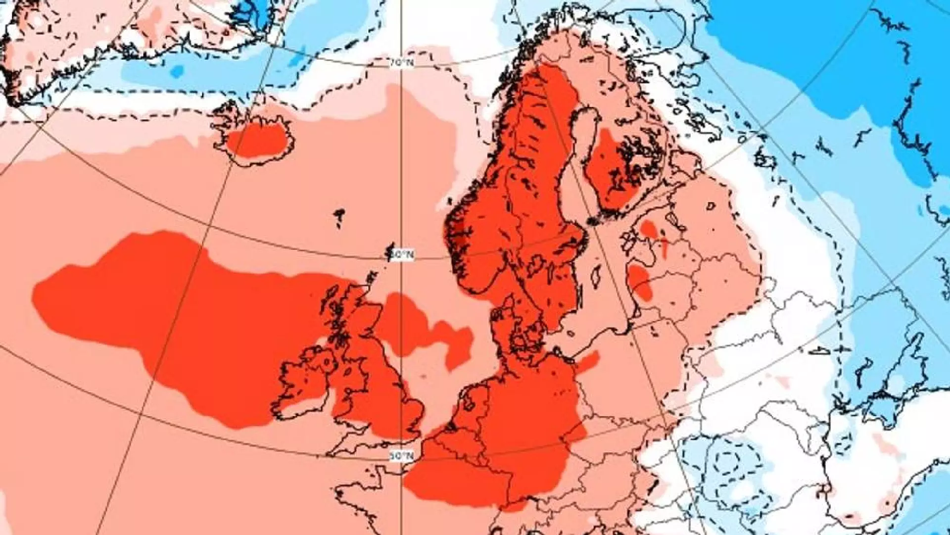 Í økinum litað myrkt við reyðum fer tað at vera millum 3 og 6 stig heitari enn vanligt hesa vikuna. Í økinum litað við ljósari reyðum, vænta tey at tað fer at vera upp í 3 stig heitari enn vanligt. Kelda: ECMWF