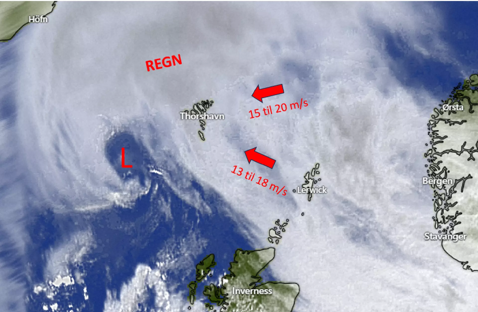 Fylgissveinamynd klokkan 10.20 okkara tíð. Tað undir tí gráasta økinum er tað mesta regnið. Hetta regnøkið gongur norðureftir, men ikki serliga skjótt og liggur tí yvir okkum allan dag.