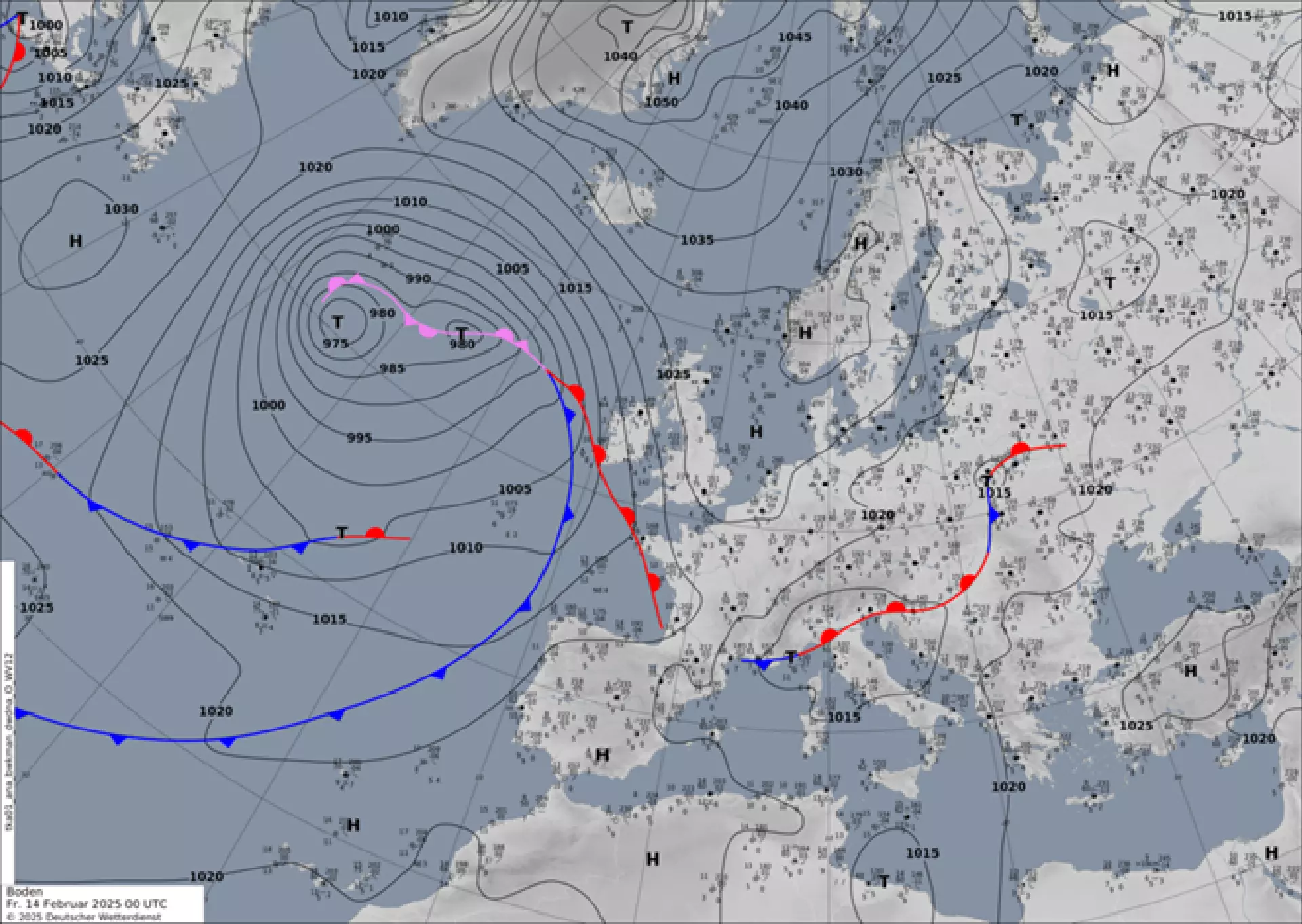 Mynd av veðurkorti frá týsku veðurtænastuni Deutsche Wetterdienst 14. februar 2025. Á kortinum sæst eitt hátrýstøki yvir Norðurevropa, har ið hægsta trýstið beint norðan fyri Jan Mayen kemur heilt upp á 1050 hPa. Lágtrýstini standa hesa løtuna í stað yvir Norðuratlantshavinum og hava við sær eysturætt yvir Føroyum hesa tíðina.