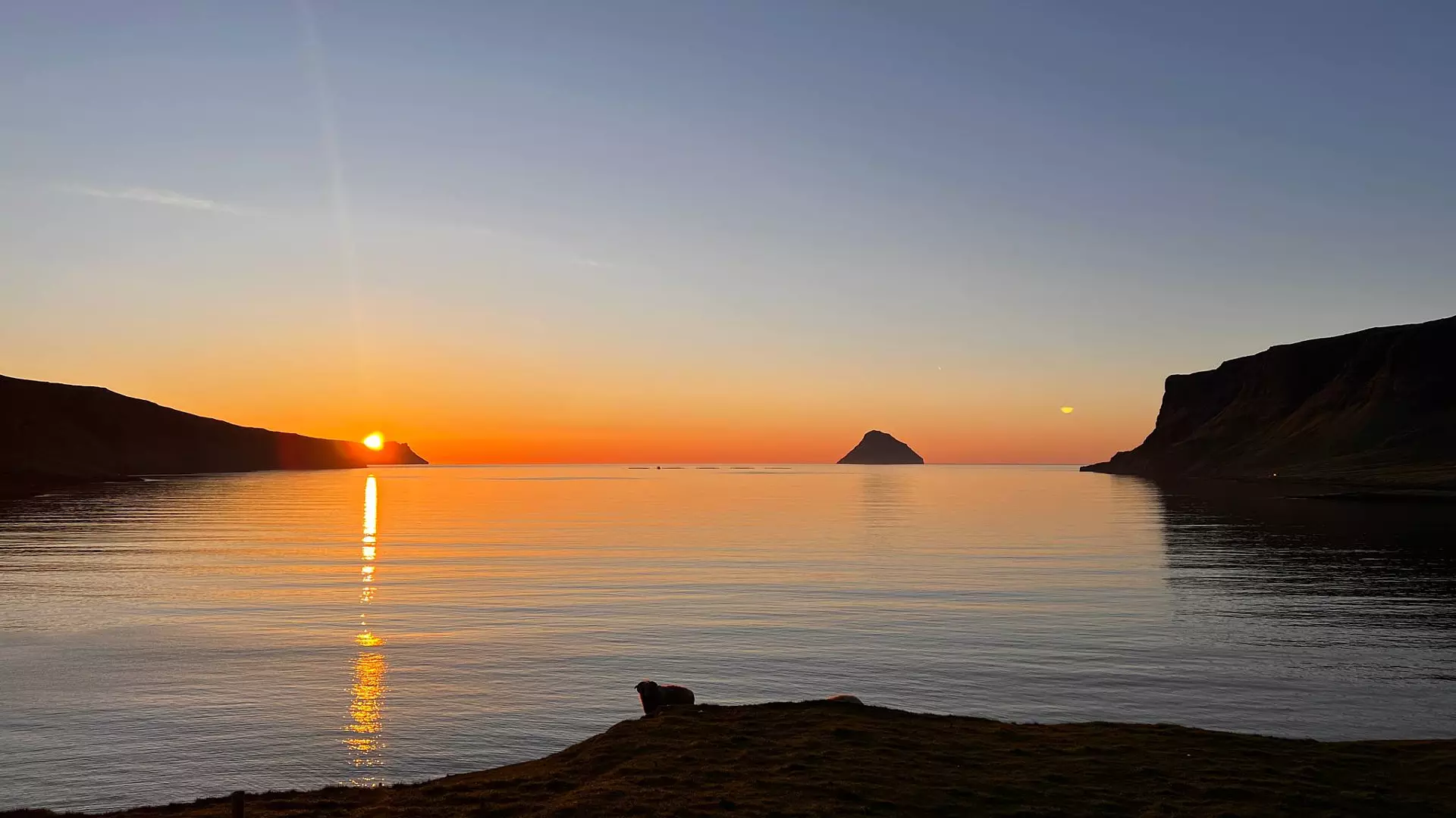 Sólarris í Hvalba. Tað blikar á fjørðinum. Í mai ár vóru nógvir vakrir morgnar. Einastu skýggini á luftini eru manngjørd – frostrípur (contrails), sum eru komnar úr jettmotorum á flogførum nógvar km omanfyri. Mynd: Eyðbjørg Ellendersen.