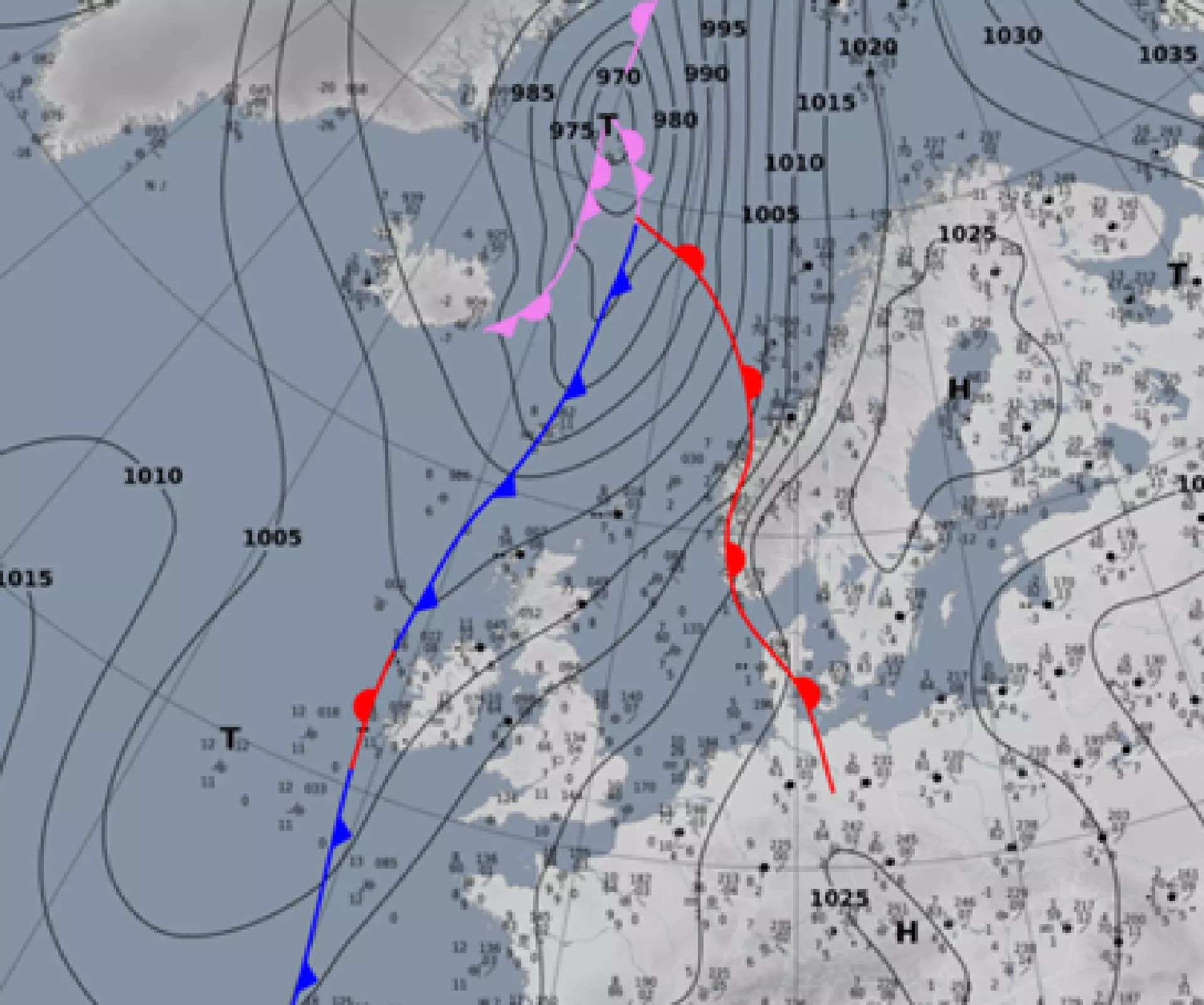 Støðukort 25. februar 2026 kl. 00:00 UTC. Ein kuldabrúgv úr einum lágtrýsti norðanfyri er yvir Føroyum, ið hevði við sær einasta stormin í Havn februar. Kelda: Deutcher Wetterdienst.